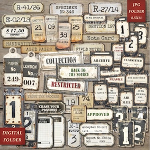 Random Labels and Tags, Printable Ephemera for Junk Journal, Vintage Tags, Distressed Steampunk, Journal Supplies, Digital Folder, Nr099