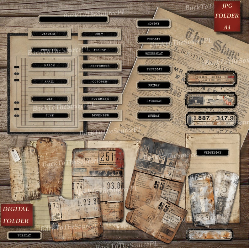 Puede incluir: Un paquete de papel digital con una est&eacute;tica vintage. El paquete incluye varios elementos como etiquetas de calendario, etiquetas y recortes de peri&oacute;dicos. Los colores son marr&oacute;n, negro y blanco.