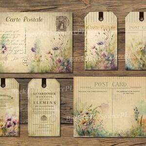 May include: A set of printable digital files featuring vintage-style postcards and gift tags with watercolour floral designs. The postcards and tags feature the text "Carte Postale" and "Post Card" in a vintage font. The floral designs are in shades of pink, purple, blue, and green.