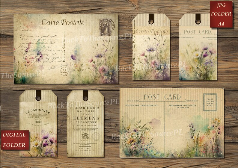 May include: A set of printable digital files featuring vintage-style postcards and gift tags with watercolour floral designs. The postcards and tags feature the text "Carte Postale" and "Post Card" in a vintage font. The floral designs are in shades of pink, purple, blue, and green.