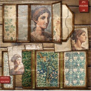 Puede incluir: Hoja de collage digital con una estética vintage. La hoja presenta imágenes de la cara de una mujer, un pájaro en un árbol y patrones florales. La hoja está diseñada para scrapbooking, creación de tarjetas y otras manualidades de papel.