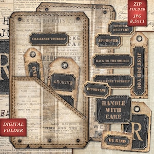 May include: A digital folder and tags with a vintage newspaper theme. The folder has a pocket and stitched edges. Tags include phrases like "Challenge Yourself" and "Handle with Care". The background is a collage of old newspaper clippings.