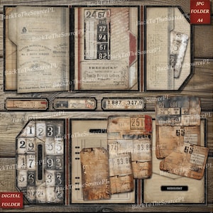 Puede incluir: Un kit de scrapbooking digital con una est&eacute;tica vintage. El kit incluye varios elementos como n&uacute;meros, etiquetas y etiquetas con texturas y tipograf&iacute;a desgastadas. El kit est&aacute; dise&ntilde;ado para su uso en proyectos de scrapbooking digital.