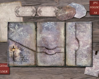 May include: A digital folder with a winter theme. The folder is made up of three panels with a vintage, distressed look. The panels feature snowflakes, a lamppost, and the text "Merry Christmas".