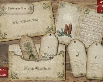 Christmas Digital Tags, Junk Journal Kit, Vintage Christmas Insert, Instand Download, Ephemera Pack, Vintage Card, Collage Sheet