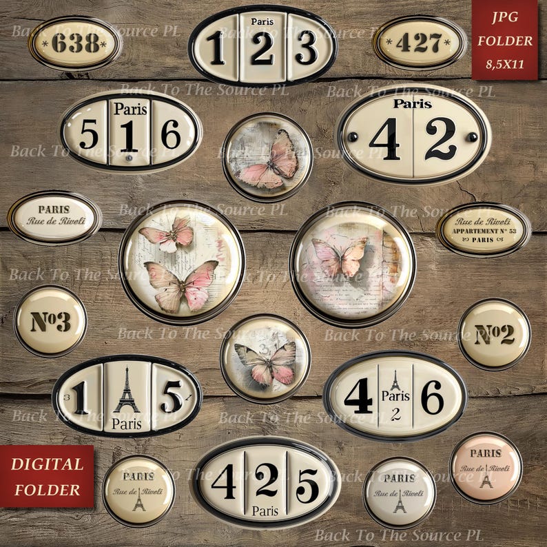 French Labels Junk Journal Kit, Numbers Digital, Journal Words, Vintage Ephemera, Shabby Vintage Butterflies, Printable Download, Nr096