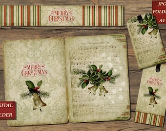 Cozy Christmas, Junk Journal Kit, Vintage Card, Green & Red Ephemera Pack, Christmas Insert, Printable Tags, Digital Folder