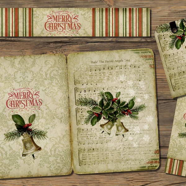 Cozy Christmas, Junk Journal Kit, Vintage Card, Green & Red Ephemera Pack, Christmas Insert, Printable Tags, Digital Folder