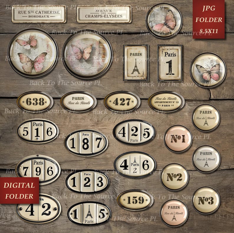 French Labels Junk Journal Kit, Numbers Digital, Journal Words, Vintage Ephemera, Shabby Vintage Butterflies, Printable Download, Nr096