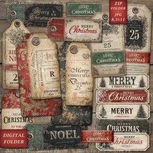 May include: A collection of vintage-style Christmas tags and labels in various shapes and sizes. The tags feature the words "Merry Christmas" and "Noel" in different fonts and colors, with decorative elements like Christmas trees and floral patterns.