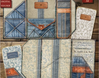 Jeans Junk Journal Kit, Old Denim Insert, Vintage Ephemera,  Scrapbooks, Collage Sheet, Digital Folder, Instant Download, Nr 054