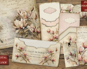 Magnolia Junk Journal Kit, Collage Sheets, Vintage Floral Insert, Printable Ephemera,  Scrapbooks Supplies, Digital Folder, Nr. 047