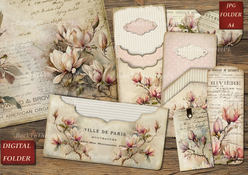 Magnolia Junk Journal Kit, Collage Sheets, Vintage Floral Insert, Printable Ephemera, Scrapbooks Supplies, Digital Folder, Nr. 047 image 1