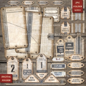 Labels Tags and Pockets for Junk Journal Kit, Printable Ephemera, Grungy Steampunk, Vintage Journal Supplies, Digital Folder, Nr097
