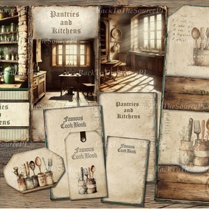 Puede incluir: Una carpeta digital imprimible con un tema de cocina vintage. La carpeta incluye imágenes de una cocina, una despensa y utensilios. El texto "Pantries and Kitchens" y "Famous Cook Book" está incluido en la carpeta.