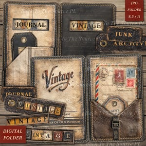 May include: A collection of digital journal covers and labels featuring aged paper textures, vintage typography, and postage stamp graphics. The set includes rectangular tags, pockets, and folders with text such as JOURNAL, VINTAGE, and JUNK ARCHIVE.