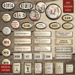 French Labels Junk Journal Kit, Numbers Digital, Journal Words, Vintage Ephemera, Shabby Vintage Butterflies, Printable Download, Nr096