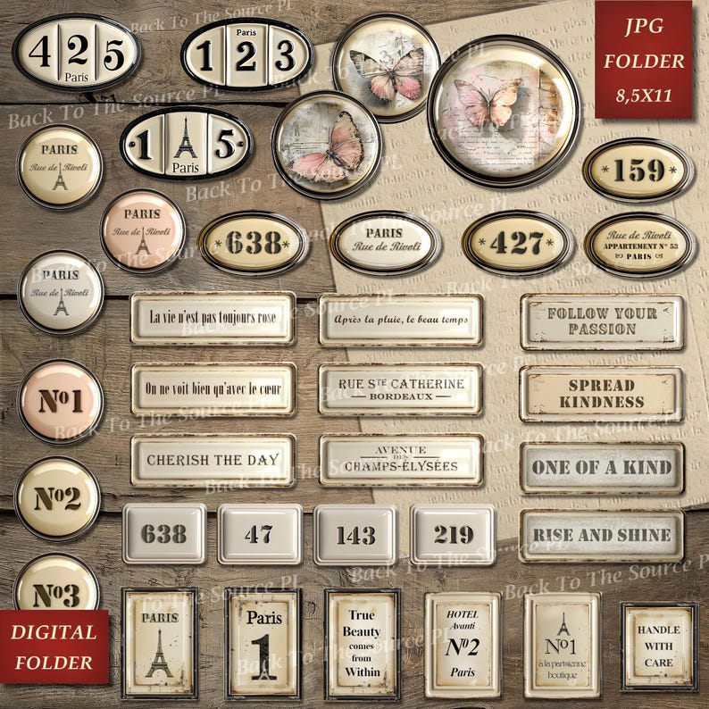 French Labels Junk Journal Kit, Numbers Digital, Journal Words, Vintage Ephemera, Shabby Vintage Butterflies, Printable Download, Nr096