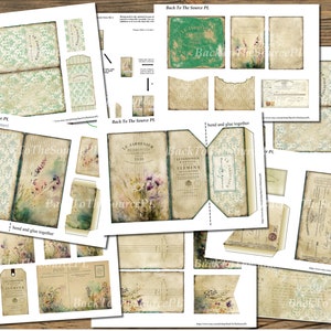 May include: A digital printable set of vintage-style scrapbook paper and ephemera featuring floral designs, text, and a green book cover. The set includes a variety of sizes and shapes, perfect for crafting and scrapbooking.