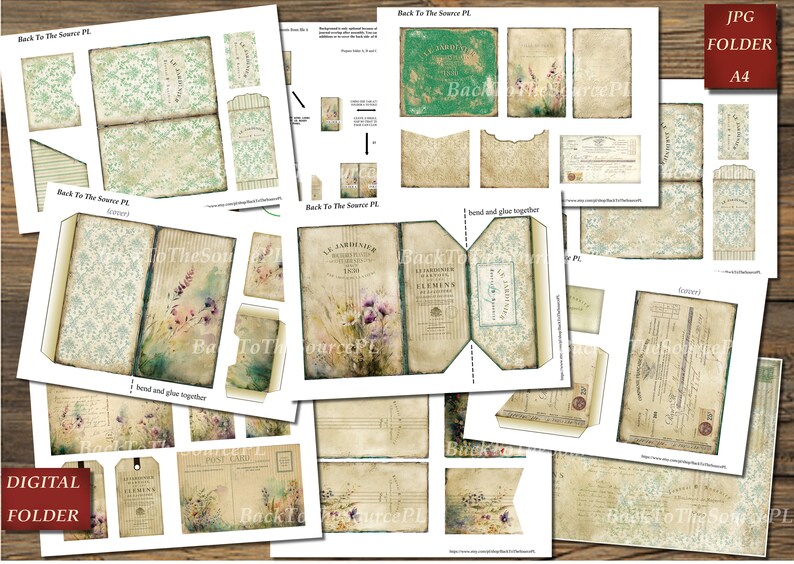 May include: A digital printable set of vintage-style scrapbook paper and ephemera featuring floral designs, text, and a green book cover. The set includes a variety of sizes and shapes, perfect for crafting and scrapbooking.