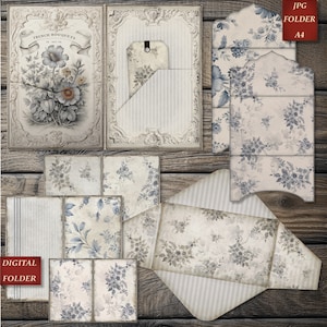Blue Junk Journal Kit, Vintage Floral Tags, Printable Ephemera,  Scrapbooks Supplies, Digital Folder, Nr. 070