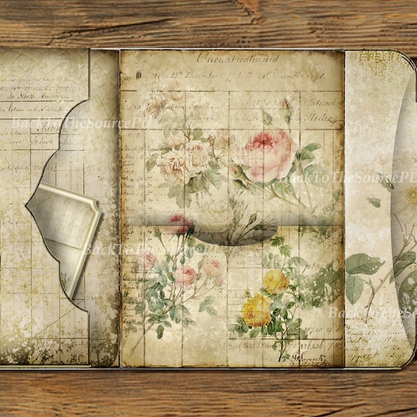 Junk Journal Kit, Vintage Roses, Shabby Chic, Printable Ephemera, Collage Sheet, Journal Supplies, Insert, Flower Pockets, Digital Download