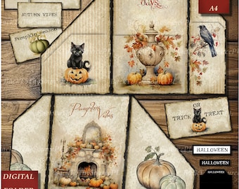 Fall Junk Journal Kit, Autumn  Ephemera, Collage Sheet, Pumpkin Tags,  Scrapbooks, Vintage Insert, Printable Kit, Digital Folder, Nr055