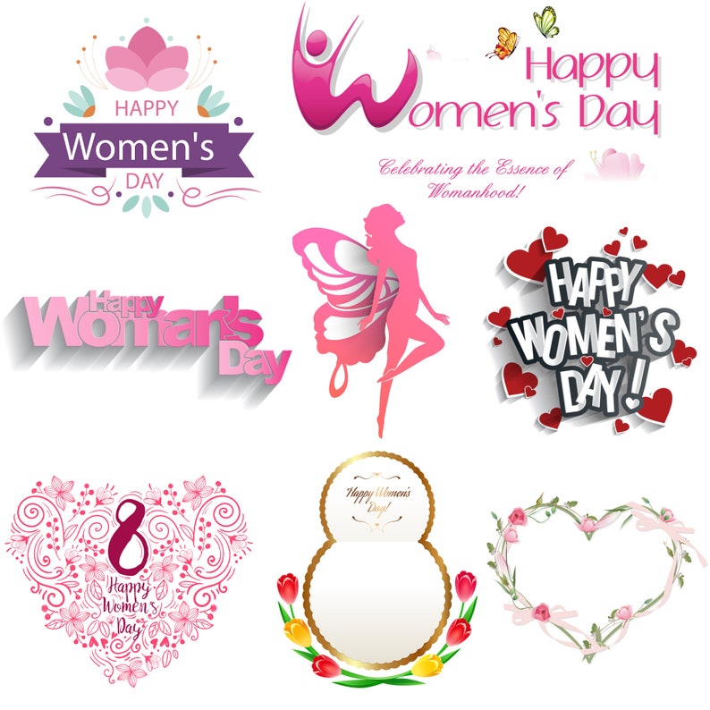 May include: A collection of pink and white graphic designs celebrating Women's Day. The designs feature butterflies, hearts, flowers, and the number 8. The text "Happy Women's Day" appears in several designs.
