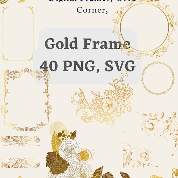 40 Gold Frames Clipart, Gold Border svg, Polygona, Golden Frame png, Shiny Gold Frames, Wedding Invitation Clipart, PNG  Gold Border