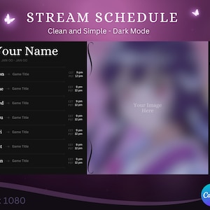 Schoon en eenvoudig streamschema: donkere modus | Zwart | Vtuber | Twitch | YouTube | Wekelijks | Canvas