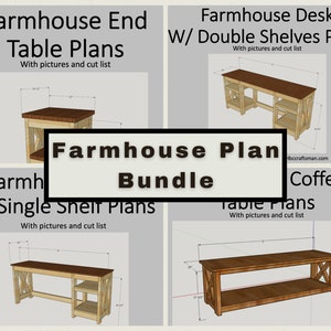 Farmhouse Plan Bundle with pictures and cut lists. End Table, Single Shelf Desk, Double Shelf Desk, Coffee Table