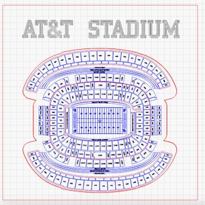 May include: A diagram of the seating chart for AT&T Stadium, home of the Dallas Cowboys. The stadium is shaped like a horseshoe and has a large field in the center. The seating chart is divided into sections and rows, with numbers indicating the seat locations.