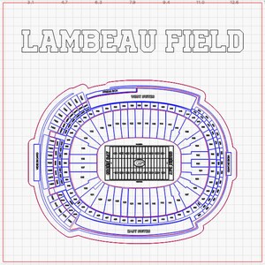 Puede incluir: Un diagrama de Lambeau Field, hogar de los Green Bay Packers, que muestra el plano de asientos y la disposición del campo. El diagrama está en una cuadrícula con líneas rojas y azules.