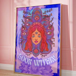 Bunte Hippie Wohnung Galerie Wandkunst | Maximalist Wandkunst für Boho Wohnungsdekor | Lebendige Surreale Psychedelische Wandkunst | Druckbar