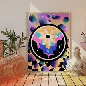 Bunte Hippie Wohnung Galerie Wandkunst | Maximalist Wandkunst für Boho Wohnungsdekor | Lebendige Surreale Psychedelische Wandkunst | Druckbar