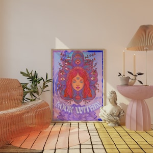 Bunt Hippie Hippie Kunst Wand Kunst | Maximalist Art für Boho Wohnung Dekor | Lebendige surreale psychedelische Wandkunst | Druckbar