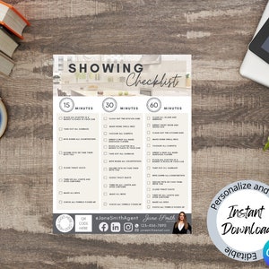 May include: A printable checklist for showing a house, with three timeframes: 15 minutes, 30 minutes, and 60 minutes. The checklist includes tasks such as taking out all rubbish, wiping down all worktops, and closing toilet seats. The checklist also includes a QR code and social media icons for a real estate agent.