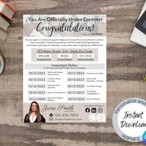 May include: A printable real estate contract congratulations card with a beige background and a photo of a smiling realtor. The card includes the text "You Are Officially Under Contract Congratulations!" and a list of important dates for the home buying process. The card also includes the realtor's contact information and social media links.