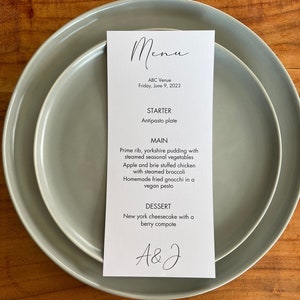 Menu de mariage, carte de menu de mariage minimaliste, carte de menu d'événement, menu de mariage avec étiquette de nom, carte de menu de mariage simple « The Dakota »