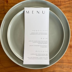 Menu de mariage, carte de menu de mariage minimaliste, carte de menu d'événement, menu de mariage avec étiquette de nom, carte de menu de mariage simple « The Kennedy »