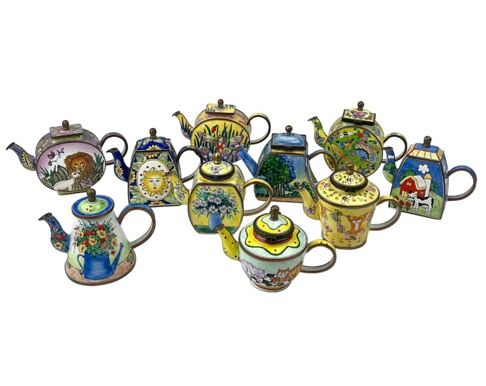 Vintage Kelvin Chen Miniature Teapots Enameled Bibelots LOT OF TEN 1999