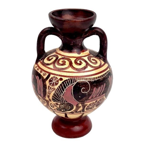 Handmade in Greece Mini Greek Pottery Amphora Vase Signed Black Tan Approx 3"