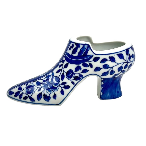 Vintage Decorative Shoe Figurine Blue & White Ceramic Porcelain Floral Design