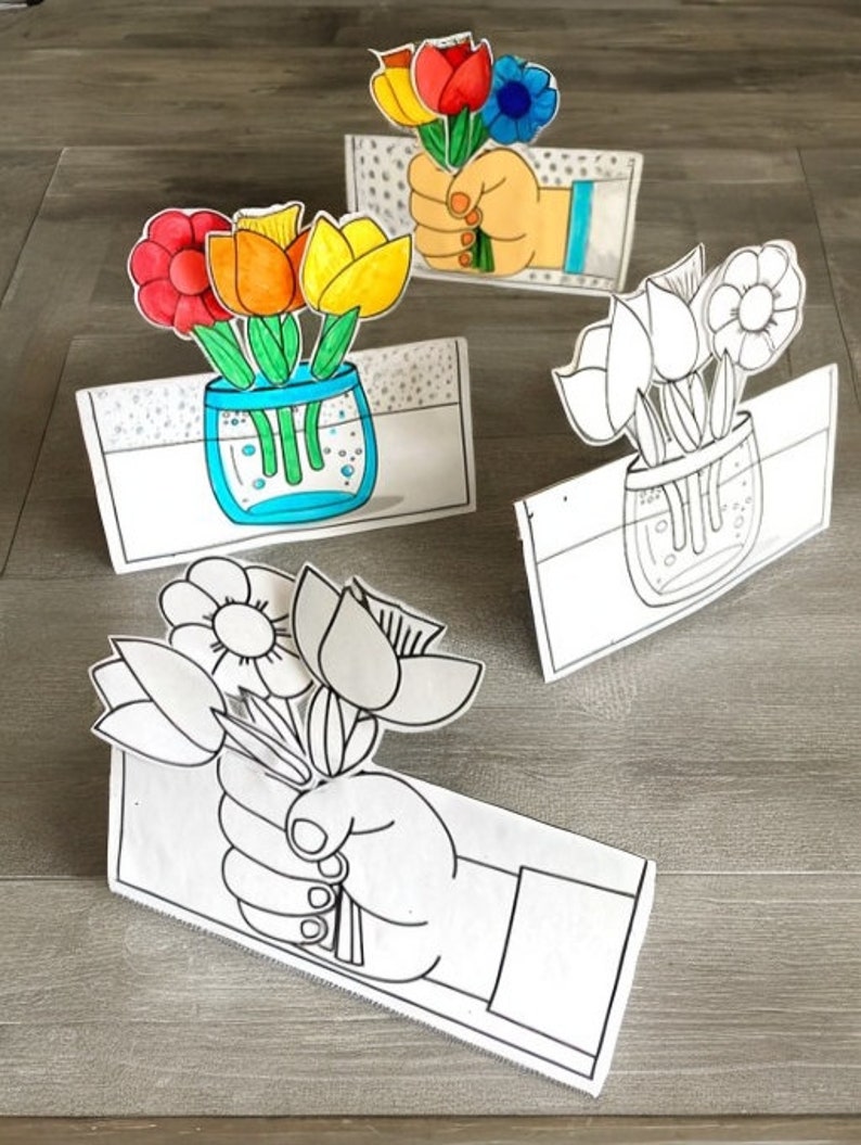 Mother's Day Stand-up Card Craft Spring Back to School Coloring Page Craft DIY Kids Gift for her Mom gift Summer Preschool Printable PDF zdjęcie 3