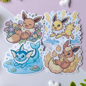 May include: Four die-cut vinyl stickers featuring cartoon creatures. One shows a brown creature in flowers, one a yellow creature with lightning and rain, one a blue aquatic creature in water, and one a brown creature surrounded by orange flames.