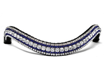May include: A black leather browband with three rows of clear and blue rhinestones.