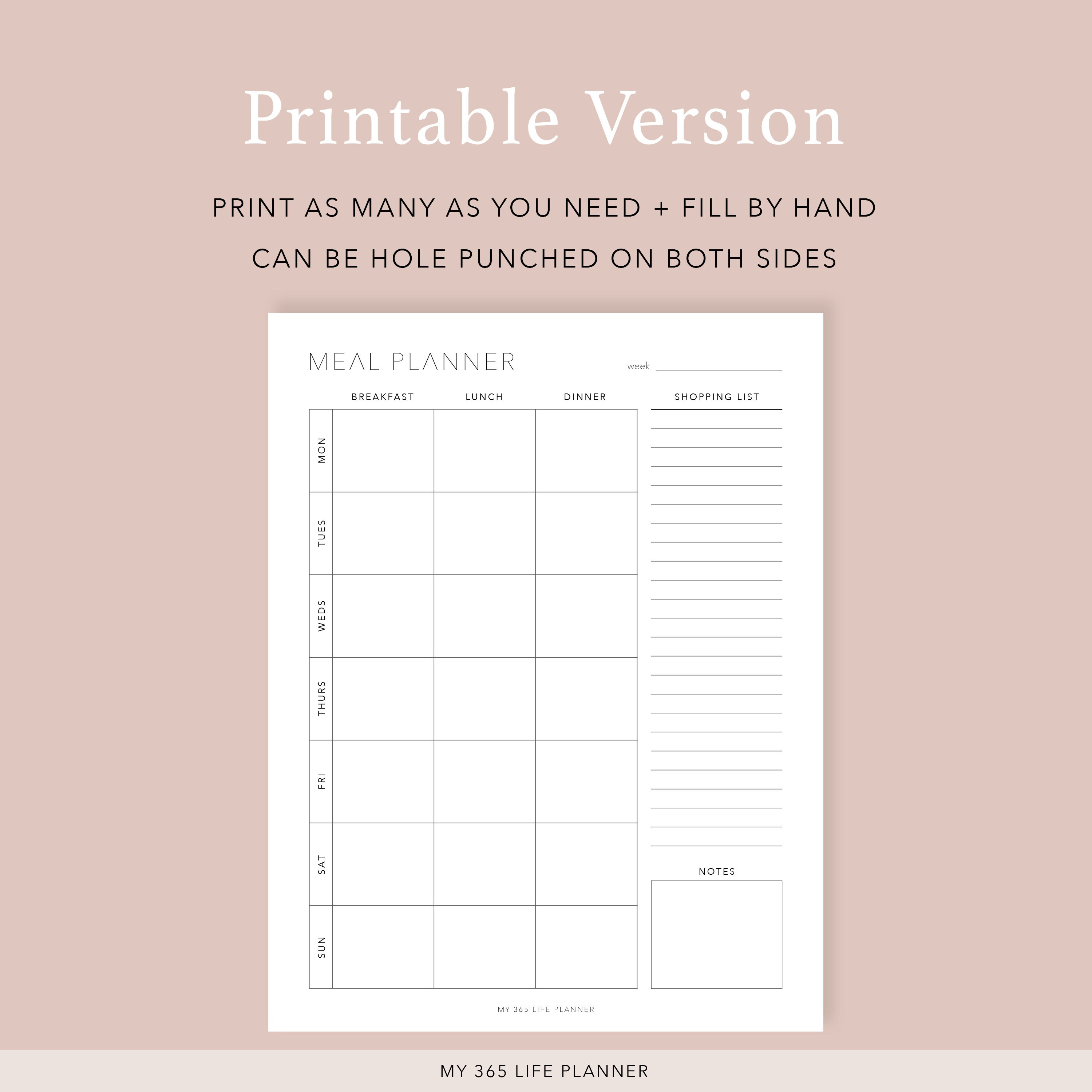 Weekly Meal Planner Printable and Fillable PDF, Daily Meal Planning ...