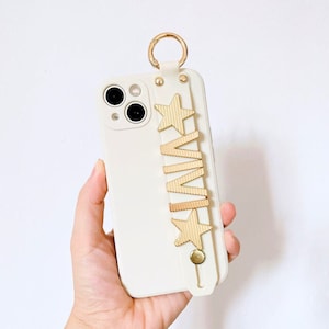 Customized Phone Case with Strap and Gold-Colored Name Tag for For iPhone 16 15 14 13 12 11 Pro Max X XS Xr 7 8 Plus SE, Personalized Cover