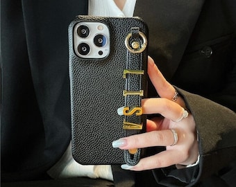 Personalised Wristband Holding Strap Custom Gold Name Leather iPhone Case, Soft Phone Case for iPhone 15 14 12 11 13Pro Max Mini XR X 78Plus