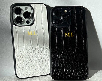 Personalised Monogram Crocodile Leather Texture iPhone Case, Croco Custom Initials iphone 14 13 Pro Max 12 11 Pro Max X XS XR 7 8 Plus SE